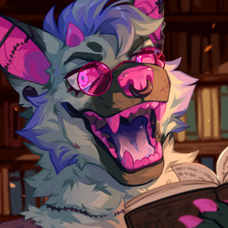 ambiguous_gender anthro blue_hair book cheek_tuft detailed_background ear_piercing eyelashes eyewear facial_piercing facial_tuft front_view fur gauged_ear glasses grey_body grey_fur hair holding_book holding_object horn industrial_piercing inside library looking_at_viewer multiple_piercings neck_tuft nose_piercing nose_ring open_mouth piercing pink_eyes pink_horn pink_inner_ear pink_nose pink_teeth ring_piercing round_glasses septum_piercing septum_ring short_hair short_horn small_horn solo teeth tinted_glasses toony tuft corzh77 canid canine mammal patchwork_creature 1:1 detailed hi_res