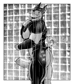 after_anal after_sex anthro balls bathing big_balls black_body black_fur black_nose bodily_fluids butt cum cum_in_ass cum_inside ear_piercing ear_ring erection fur genital_fluids genitals huge_balls looking_at_viewer male multicolored_body multicolored_fur muscular muscular_anthro muscular_male nude nude_anthro nude_male pecs penis piercing pointy_ears ring_piercing short_tail shower showering smug solo tail tally_marks two_tone_body two_tone_fur maychin canid canine canis dobermann domestic_dog mammal pinscher absurd_res black_and_white hi_res monochrome
