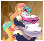 4_arms anthro belly belly_squish big_belly big_breasts big_butt bottomwear breasts butt cheek_tuft cleavage_cutout clothing cutout double_chin eyelashes facial_tuft fat_arms fat_cheeks female hair hotpants huge_belly multi_arm multi_limb multicolored_hair navel neck_tuft obese obese_anthro obese_female overweight overweight_anthro overweight_female shorts smile solo squish stretched_clothing tail thick_eyelashes thick_thighs tuft unusual_anatomy unusual_hair unusual_tail weight_gain wings chocend helluva_boss queen_bee-lzebub_(helluva_boss) arthropod bee canid canine canis fox hybrid hymenopteran insect mammal hi_res watermark