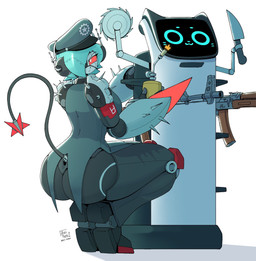 :3 ak-47 ak_platform ambiguous_gender annoyed antennae_(anatomy) arm_spikes army assault_rifle ball_joints big_breasts big_butt black_face blue_eyes blue_hair breasts butt buzzsaw clothing crouching cutlery duo electronics eye_patch eyewear female fingers gun hair hair_over_eye hat headgear headphones headwear holding_another holding_melee_weapon holding_object holding_weapon humanoidized joints kitchen_knife kitchen_utensils knife looking_at_viewer looking_back looking_back_at_viewer machine melee_weapon military military_cap military_uniform multi_wielding pseudo_hair ranged_weapon red_sclera rifle rivets screen screen_face short_hair shoulder_spikes simple_background soldier spade_tail spiked_arms spikes spikes_(anatomy) star_symbol tail text tiptoes tools uniform upgrade warrior weapon weapon_arm welding_torch white_background white_body white_eyes wrist_blade arzy_parzy helldivers pudu_robotics commissar-chan commissar_(helldivers) fan_character android automaton bellabot domestic_cat felid feline felis humanoid mammal robot robot_humanoid tailed_humanoid 2025 artist_name crossover digital_media_(artwork) hi_res shaded
