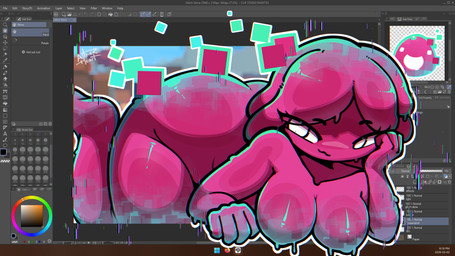 art_program_in_frame big_breasts breasts female female_humanoid glitch goo_hair hair light looking_at_viewer noseless nude nude_female nude_humanoid pink_body pink_hair pseudo_hair slime solo text white_eyes aitherheart clip_studio_paint_(copyright) slime_rancher glitch_slime goo_creature humanoid slime_(slime_rancher) absurd_res colored english_text hi_res lighting
