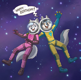 anthro astronaut astronaut_suit duo female fur hair space spacesuit star aar0njay illumination_entertainment sing_(movie) porsha_crystal sundae_(kigtoons) canid canine canis mammal wolf hi_res
