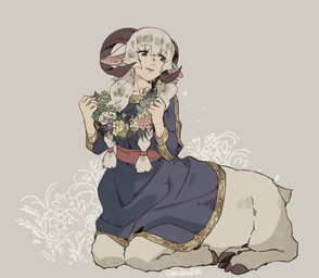 animal_ears blue_clothing blue_dress braided_pigtails clothed clothed_female clothed_taur clothing cloven_hooves curled_horn dress female fur hair hooves horn light_body light_skin simple_background sitting solo white_body white_fur white_hair mullmull bovid bovid_taur caprine caprine_taur mammal mammal_taur sheep sheep_taur taur