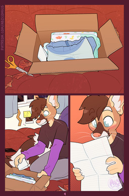 ambiguous_gender anthro baby_powder bedding biped blanket bottomwear box brown_body brown_fur brown_hair claws clothing container curtains diaper electronics eyebrow_through_hair eyebrows fur hair holding_object holding_paper lined_paper note onesie paper paws phone photo photo_on_wall pillow post-it_note reading scissors solo tail text topwear translucent translucent_hair whiskers window pupspace abz patreon miko_(abz) bassariscus mammal procyonid ring-tailed_cat 2022 comic english_text url watermark trans_(lore) trans_man_(lore)
