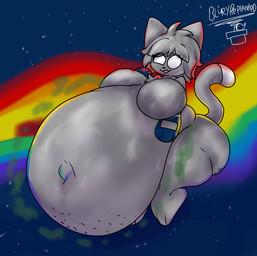 anthro big_breasts big_butt breast_expansion breasts butt butt_expansion digestion expansion female fur grey_body grey_fur tail vore blueyreplanted blueytheplantlizard nyan_cat_(copyright) pursuitcore nyan_(pursuitcore) nyan_cat felid feline mammal meme