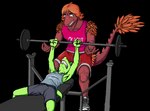 anthro clothed clothing duo exercise green_body green_skin hair male muscle_size_difference muscular muscular_male open_mouth short_hair simple_background size_difference skinny_male spotting transparent_background weight_bench weightlifting weights workout protonmono cavemanon_studios goodbye_volcano_high snoot_game adam_(gvh) milhouse_(gvh) dinosaur humanoid prehistoric_species reptile scalie alpha_channel