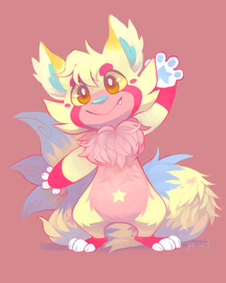 ambiguous_gender anthro blue_body blue_claws blue_fur blue_inner_ear_fluff blue_nose blue_pawpads cheek_tuft chibi claws facial_tuft featureless_crotch feet fluffy fluffy_chest fur gesture handpaw head_tuft hindpaw inner_ear_fluff markings orange_eyes pawpads paws pink_background pink_body pink_fur semi-anthro simple_background smile solo standing star_(marking) star_pawpads tail tuft waving waving_at_viewer yellow_body yellow_fur yellow_inner_ear yellow_sclera darmp ailurid mammal red_panda 2014 4:5 digital_media_(artwork) digital_painting_(artwork) full-length_portrait hi_res painting_(artwork) portrait shaded