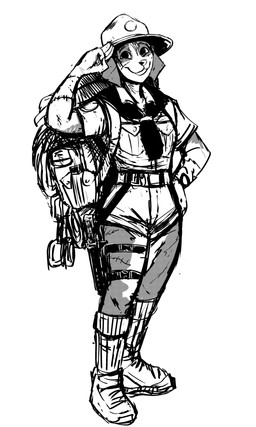 anthro backpack bottomwear clothing female hat headgear headwear hotpants scar scout_uniform shorts solo hladilnik samantha_thott canid canine canis domestic_dog mammal 2022 greyscale hi_res monochrome
