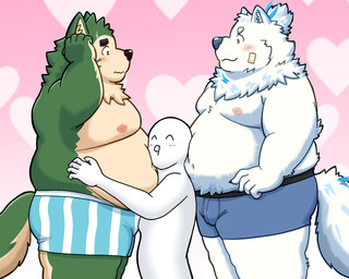 anthro belly big_belly black_nose blush bulge clothing eyes_closed fur green_body green_fur group heart_symbol kemono male male/male moobs nipples overweight overweight_male size_difference underwear white_body white_fur yaki_atsuage lifewonders live_a_hero mokdai yohack canid canine canis domestic_dog mammal 2026 hi_res