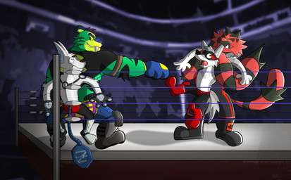 anthro bite black_boots black_clothing black_footwear boots clothing ear_bite fighting_ring footwear fur glistening glistening_boots glistening_clothing glistening_footwear green_body green_fur group male male/male pinned playful_expression shoes wrestling wrestling_gear wrestling_singlet overkelion nintendo pokemon seth_(wolfpuptk) tahu_(incineroar) wolfpuptk zalno canid canine canis felid generation_7_pokemon incineroar mammal pokemon_(species) prehistoric_species saber-toothed_tiger wolf hi_res
