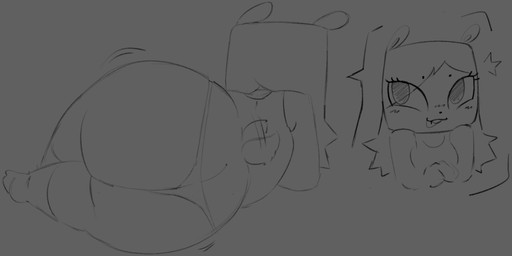 anthro big_butt bottomwear butt butt_focus clothing eyeliner female footwear front_view grey_background hair long_hair makeup motion_lines rear_view scut_tail short_tail shortstack simple_background small_ears smile socks solo tail thick_thighs mamasoyanini mammal monochrome sketch
