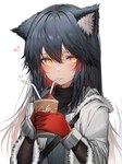 5_fingers black_body black_fur black_hair blush clothed clothing container cup drinking_straw emanata female female_humanoid fingers fluffy_ears fur gloves hair handwear heart_symbol holding_container holding_cup holding_object long_hair looking_at_viewer multicolored_hair object_in_mouth red_hair simple_background solo white_background white_body white_fur yellow_eyes tabhead arknights hypergryph studio_montagne texas_(arknights) animal_humanoid canid canid_humanoid canine canine_humanoid dog_humanoid humanoid mammal mammal_humanoid 2021 absurd_res digital_media_(artwork) hi_res translated_description