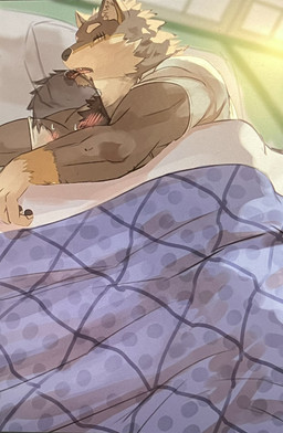 anthro blush bodily_fluids brown_body brown_fur clothing duo fur head_lick holding_partner hug human_on_anthro interspecies larger_anthro larger_male licking male male/male multicolored_body multicolored_fur muscular muscular_anthro muscular_male shirt size_difference sleeping smaller_human smaller_male spooning sweat tank_top tongue tongue_out topwear white_body white_fur inno_sent vtuber ogami_aratsuka canid canine canis human mammal wolf hi_res