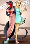 anthro big_breasts breasts clothed clothing conjoined curvy_figure duo female footwear fusion hair high_heels long_hair merging multi_head neckline neckline_dress pumps shoes skinny solo wedge_(footwear) wide_hips fake_anna felid lion mammal pantherine reptile scalie snake hi_res