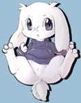 3_fingers 3_toes anthro blue_background blue_clothing blue_eyes blue_sweater blue_topwear bottomless bottomless_anthro bottomless_female clothed clothing crotch_tuft eyelashes facial_scar featureless_crotch feet female female_anthro fingers floppy_ears fur glistening glistening_eyes looking_aside lop_ears open_mouth pupils scar scut_tail short_tail simple_background solo spread_legs spreading sweater sweater_only tail toes topwear topwear_only tuft white_body white_ears white_fur white_tail white_tuft x_scar earthb-kun cave_story sue_sakamoto lagomorph mammal mimiga 2018 digital_drawing_(artwork) digital_media_(artwork) shaded