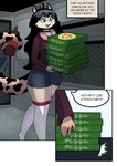 anthro areola breasts butt clothed clothing container dialogue female food fur hair navel open_mouth pizza pizza_box simple_background smile solo tail text ahobobo voices_of_the_void felid feline mammal absurd_res comic digital_media_(artwork) english_text hi_res
