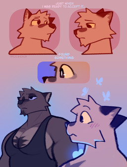 anthro arm_markings black_clothing black_shirt black_topwear blue_butterfly blue_heart blue_sclera blush brown_body brown_eyes close-up clothing duo ear_piercing frown heart_symbol inner_monologue looking_at_another male markings muscular pecs piercing sad shirt shoulder_markings star_(marking) tank_top text thinking topwear yellow_sclera rygel_spkb milo_(rygel_spkb) yoby_(rygel_spkb) ambient_arthropod ambient_butterfly ambient_insect canid canine canis mammal wolf absurd_res artist_name comic english_text hi_res multiple_scenes