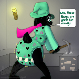 3_toes 4_fingers ambiguous_gender anthro big_diaper black_body black_fur black_tail bodily_fluids button_(fastener) clothed clothing detailed_background dialogue diaper diaper_under_clothing diaper_under_onesie eyewear feet fingers floppy_ears fur genital_fluids glasses green_clothing green_eyewear green_glasses green_hat green_headwear green_onesie hat head_horn headgear headwear holding_pickaxe horn iron looking_down minecraft_block onesie open_mouth open_smile pickaxe_(minecraft) pink_scarf rock scarf smile solo speech_bubble standing stone_floor stone_wall tail text toes torch unclean_diaper urine used_diaper using_diaper wall_(structure) wearing_diaper wearing_glasses wet_diaper wetting wetting_diaper wizard_hat shadyadi deltarune microsoft minecraft mojang undertale_(series) xbox_game_studios ralsei bovid caprine darkner goat mammal 1:1 2023 artist_name english_text hi_res signature url male_(lore)