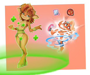 anthro blonde_hair blue_eyes border breasts brown_body brown_fur brown_nose butt clothing convenient_censorship dizzy duo eyelashes eyewear eyewear_on_head female front_view fur goggles goggles_on_head green_eyes hair hooves nude pink_background simple_background small_breasts spiral spiral_eyes tan_body tan_fur torn_clothing undressing white_border conditional_dnp jaynatorburudragon activision crash_bandicoot_(series) crash_team_rumble spyro_the_dragon coco_bandicoot elora bandicoot faun_(spyro) mammal marsupial absurd_res hi_res