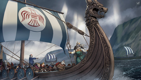 accessory anthro belt clothed clothing female fur group hair hair_accessory hair_ring holding_object holding_staff jewelry long_hair longboat male norse outside round_shield rowing sea shield ship staff vehicle viking water watercraft shamerli mythology revna_(garal) canid canine felid feline mammal mythological_canine mythological_creature werecanid werecanine werecreature werewolf 2022 digital_media_(artwork) hi_res
