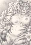 anthro biped breasts claws ear_piercing female flower fur genitals high-angle_view looking_at_viewer lying nipples nude on_back pawpads paws piercing plant pose pussy solo striped_body stripes whiskers rukis esha_(rukis) felid mammal pantherine tiger 2015 graphite_(artwork) half-length_portrait monochrome pinup portrait sketch traditional_media_(artwork)