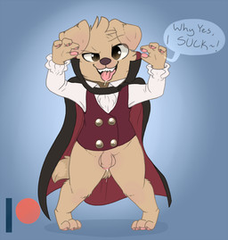 3_toes anthro balls biped bottomless brown_eyes claws clothed clothing costume dialogue feet flaccid foreskin fur genitals hair holidays humanoid_genitalia humanoid_penis looking_at_viewer male open_mouth paws penis simple_background smile solo speech_bubble teeth text toes tongue tongue_out young young_anthro backsash halloween canid canine canis domestic_dog mammal 2018 digital_media_(artwork) english_text hi_res