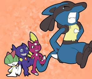 ambiguous_gender anthro bodily_fluids clenched_teeth gem_eyes group hand_on_butt kick semi-anthro tail teardrop tears teeth lugidog nintendo pokemon generation_2_pokemon generation_3_pokemon generation_4_pokemon lucario pokemon_(species) ralts sableye sneasel source_request unavailable_at_source