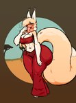 2024 anthro belly_dancer big_butt big_tail bodily_fluids bottomwear breasts brown_background butt canid canine cleavage clothed clothing crop_top digital_media_(artwork) female fluffy fluffy_tail fox fur furr_oritsu gradient_background hair hi_res huge_butt l0ad1ng long_ears long_hair long_tail mammal neck_tuft pants pink_eyes savanna shirt simple_background solo sweat sweaty_breasts sweaty_butt sweaty_legs sweaty_thighs tail thick_thighs tired topwear tuft veil yellow_body yellow_fur