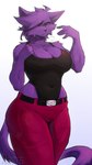 anthro belt big_breasts black_nose bottomwear breasts breath cheek_tuft cleavage clothed clothing eye_through_hair eyebrow_through_hair eyebrows eyelashes facial_tuft female frown fur hair heat_(temperature) legs_together narrowed_eyes navel_outline one-piece_swimsuit pants purple_body purple_fur purple_hair purple_tail short_hair solo standing swimwear tail text translucent translucent_hair tuft xintro domestic_cat felid feline felis mammal 2025 artist_name hi_res