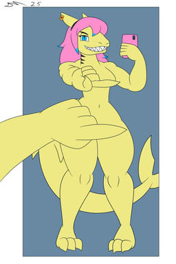 anthro blue_eyes blue_highlights cellphone convenient_censorship electronics female female_anthro hair highlights_(coloring) mirror mirror_selfie nude phone pink_hair selfie small_waist smartphone solo thick_thighs wide_hips yellow_body dirtymac one_finger_challenge aquatic fish shark 2:3 absurd_res hi_res meme