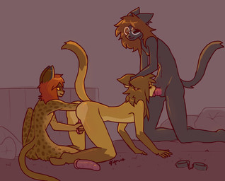 all_fours ambiguous_gender ambiguous_penetrating anal anal_fisting anal_penetration anthro black_body black_fur brown_body brown_fur butt cuff_(restraint) deep_fisting dildo dipstick_tail erection eyewear fellatio fisting fur genitals glasses gloves_(marking) group group_sex hair handcuffs handjob kneeling leg_markings long_ears long_hair male male/ambiguous male/male male_penetrated male_penetrating male_penetrating_male markings metal_cuffs multicolored_body multicolored_fur multicolored_tail nude oral oral_penetration orgy penetration penile penis pillow raised_tail restraints reverse_handjob sex sex_toy shackles sitting socks_(marking) spots spotted_body spotted_fur tail tail_markings threesome trio yellow_body yellow_fur lewdcreamy kawa felid felin mammal digital_media_(artwork)