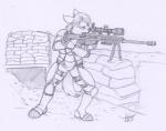 anthro armor female gun holding_gun holding_object holding_ranged_weapon holding_weapon ranged_weapon rifle sandbag sniper_rifle solo standing weapon rabbi-tom catherine_sonora canid canine fox mammal 2017 monochrome