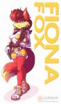 2017 anthro archie_comics belt blue_eyes breasts canid canine character_name clothed clothing female fiona_fox footwear fox fur hair hand_in_pocket holster jacket looking_at_viewer mammal nipple_outline patreon patreon_logo pockets red_body red_fur red_hair sallyhot sega shoes simple_background solo sonic_the_hedgehog_(archie) sonic_the_hedgehog_(comics) sonic_the_hedgehog_(series) tail teamacorn text tight_clothing topwear url