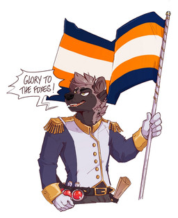 5_fingers anthro biped brown_body brown_fur clothed clothing fingers flag flag_(object) fur gloves handwear holding_flag holding_object male potion scroll simple_background solo text uniform white_background mlice remi_(labyrinth) hyena mammal spotted_hyena english_text