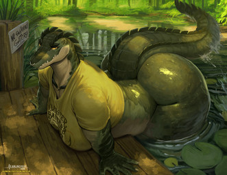 anthro bayou bent_over big_breasts big_butt biped bottomless breasts butt clothed clothing curvy_figure detailed_background facial_piercing female flower glistening glistening_body green_body huge_butt huge_hips huge_thighs lily_pad looking_at_viewer no_swimming_sign non-mammal_breasts nose_piercing nose_ring partially_submerged piercing plant print_clothing print_shirt print_t-shirt print_topwear ring_piercing septum_piercing septum_ring shirt sign solo standing_in_water swamp t-shirt tail teeth text text_on_clothing text_on_shirt text_on_topwear thick_tail thick_thighs topwear voluptuous voluptuous_anthro voluptuous_female warning_sign water water_lily wide_hips yellow_clothing yellow_eyes yellow_shirt yellow_topwear mainlinemojo patreon gatordile_girl alligator alligatorid crocodile crocodilian reptile scalie 2026 artist_name english_text hi_res signature url
