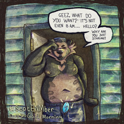 accident accidental_exposure answering_door anthro beanie blue_penis clothing door erection eyes_closed front_door genitals greeting hat headgear headwear male male_anthro morning morning_wood nipples oblivious outside pajamas partially_clothed_anthro partially_clothed_male penis penis_poking_out penis_through_fly rubbing_eyes solo speech_bubble text tired wardrobe_malfunction kittee_mortis septenmber bear mammal sun_bear ursine 1:1 digital_media_(artwork) english_text hi_res