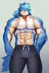 2021 abs anthro blue_eyes bottomwear canid canine canis clothing fur hair male mammal muscular muscular_anthro muscular_male simple_background solo soonico topwear