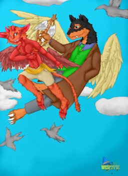 anthro armpit_hair black_body black_fur blue_eyes body_hair bottomwear brown_body brown_fur claws clothing cloud coat duo fangs feathered_wings feathers flying fur horn looking_at_another magic magic_user male markings multicolored_body multicolored_fur necktie notched_ear orange_body orange_fur pants red_body shirt sky smile stick tail teeth topwear two_tone_body unusual_anatomy unusual_tail vest wings wispypie mythology simon_crawford warren_crawford avian canid canine humanoid imp mammal mythological_canine mythological_creature vampire werecanid werecanine werecreature werewolf absurd_res hi_res sibling_(lore)