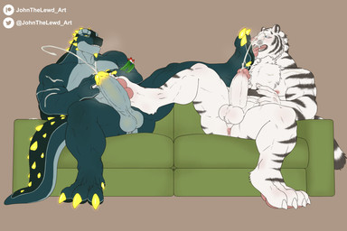 anthro anthro_on_anthro anus balls barazoku big_penis blue_balls blue_body blue_eyes blue_penis bodily_fluids controller cum cum_on_arm cumshot duo ejaculation feet foot_fetish foot_lick foot_play footjob fur furniture genital_fluids genitals glans holding_controller holding_object humanoid_genitalia humanoid_penis licking male male/male muscular muscular_anthro muscular_male narrowed_eyes nipples nude on_sofa open_mouth pecs penile penis pink_anus pink_glans pink_nipples pink_tongue sex sitting sofa spread_legs spreading striped_arms striped_legs tongue tongue_out white_body white_fur white_penis yellow_eyes yellow_glans johnthelewd_art hekar felid mammal pantherine scalie tiger 3:2 hi_res