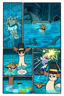 5_panel_comic ambiguous_gender black_cape black_clothing black_eyes black_nose brown_body brown_fur cape clothing dialogue eyebrows eyelashes eyes_closed eyewear female_symbol feral fluffy fluffy_tail fur gameplay_mechanics gender_symbol group hat headgear headwear inner_ear_fluff level_number looking_up male monocle mouth_closed neck_tuft open_mouth page_number partially_submerged paws quadruped sharp_teeth swimming symbol tail teeth text text_box toony top_hat trio tuft underwater water wet white_sclera white_text yellow_text virmir nintendo pokemon pokemon_mystery_dungeon spike_chunsoft virmir_(character) eevee furret generation_1_pokemon generation_2_pokemon lanturn pokemon_(species) 2026 2:3 absurd_res comic hi_res signature female_(lore) male_(lore)