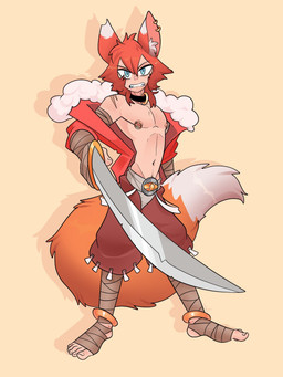 anklet arm_wraps bottomwear clothed clothing collar ear_piercing ear_ring fangs feet foot_wraps fur hair half-closed_eyes humanoid_feet jacket jewelry male melee_weapon multicolored_body multicolored_fur narrowed_eyes nipple_piercing nipple_ring nipples open_clothing open_jacket open_topwear orange_body orange_fur orange_hair pants piercing plantigrade ring_piercing solo sword teeth topwear two_tone_body two_tone_fur weapon white_body white_fur wraps xing1 animal_humanoid canid canid_humanoid canine canine_humanoid fox_humanoid humanoid mammal mammal_humanoid 3:4 hi_res