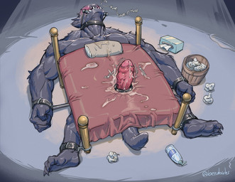 abs anal_toy ankle_cuffs arm_tuft balls bdsm bed biceps bit_gag bodily_fluids body_hair bondage bound chest_hair collar cuff_(restraint) deltoids dripping drooling elbow_tuft erection eyeless fangs feet fist furniture gag gagged genital_fluids genitals lube_bottle lying male manly muscular muscular_bottom muscular_humanoid muscular_legs muscular_male muscular_sub muscular_thighs neck_muscles obliques on_back pecs penetration penis pillow precum precum_drip profanity reclining restraints saliva sex_toy shoulder_tuft solo spreader_bar straps submissive teeth text throbbing throbbing_penis tissue tissue_box trash_can triceps tuft vein veiny_penis vibrating_cock_ring vibrator wrist_cuffs berububs humanoid monster 2024