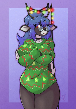 anthro black_body blue_hair breasts clothing crossed_arms eyewear female front_view glasses green_clothing green_sweater green_topwear hair looking_aside red_eyes round_glasses simple_background solo string_lights sweater tail topwear 2b-labs abby_(toaster98) deer mammal 2025 digital_media_(artwork) hi_res