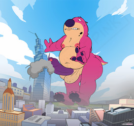 anthro building detailed_background fur genitals macro male overweight paws penis pink_body pink_fur purple_nose purple_penis skyscraper solo thewilldpink jeffrey_taggart hyena mammal hi_res watermark
