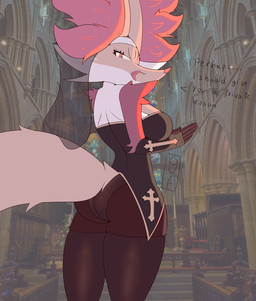 anthro big_butt biped breasts butt christian_symbol clothed clothing cross female fur inner_ear_fluff looking_at_viewer looking_back multicolored_body multicolored_fur nun photo_background praying red_body red_eyes red_fur religion religious_symbol solo standing suggestive text tongue tongue_out topwear tuft white_body white_fur yellow_body yellow_fur gamesfan christianity nintendo pokemon canid canine delphox generation_6_pokemon mammal pokemon_(species) 2021 absurd_res digital_media_(artwork) english_text hi_res photography_(artwork) signature