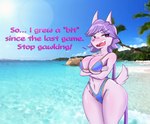 angry annoyed anthro arms_crossed_under_breasts big_breasts bikini blush blush_lines breast_squish breasts clothed clothing embarrassed female hair highleg_bottomwear horn long_hair midriff navel purple_body purple_hair seaside solo speech_bubble squish swimwear tail text two-piece_swimsuit wide_hips bluebambo freedom_planet galaxytrail mythology sash_lilac aquatic_dragon dragon marine mythological_creature mythological_scalie scalie digital_media_(artwork) english_text hi_res