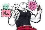 abs ambiguous_gender anthro big_muscles black_clothing black_shirt black_tank_top black_topwear blank_expression bottomwear clothing duo food male muscular muscular_male red_bottomwear red_clothing shirt sign_language simple_background speech_bubble tank_top topwear white_background dynogreeno pocky pocky_and_pretz_day dyno_(dynogreeno) largo_(dynogreeno) dinosaur humanoid prehistoric_species reptile scalie hi_res