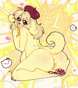 anthro anus beret_only big_butt blonde_hair blush blush_lines breasts brown_eyes brown_nose butt eyelashes feet female floppy_ears fur genitals hair kneeling long_hair looking_at_viewer looking_back looking_back_at_viewer lop_ears nude pawpads rear_view solo tail tail_motion tailwag thick_thighs vulva wide_hips yellow_body yellow_fur clamlynn pompompurin_(series) sanrio pompompurin_(character) bird_dog canid canine canis domestic_dog hunting_dog labrador mammal retriever animated
