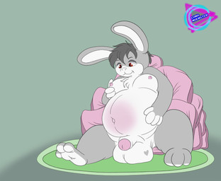 3_toes anthro balls barefoot big_balls biped feet flaccid fluffy fluffy_chest foreskin genitals glans grey_body huge_balls humanoid_genitalia humanoid_penis long_ears male male_anthro moob_grab moobs nipples nude partially_retracted_foreskin penis pillow pregnant pregnant_anthro pregnant_male red_eyes simple_background sitting soles solo toes lunamuenster lagomorph leporid mammal rabbit 2026