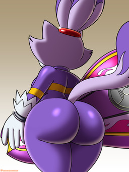 accessory anthro big_breasts big_butt bodysuit breasts bubble_butt butt clothing curvy_figure female gloves hair hair_accessory hairband handwear holding_object huge_butt jumpsuit low-angle_view purple_body purple_bodysuit purple_clothing purple_ears purple_hair purple_skinsuit purple_tail rear_view red_hairband simple_background skinsuit solo tail tan_background thick_thighs tight_clothing voluptuous voluptuous_anthro voluptuous_female white_clothing white_gloves white_handwear wide_hips omegasunburst sega sonic_riders sonic_the_hedgehog_(series) blaze_the_cat domestic_cat felid feline felis mammal 2025 3:4 absurd_res hi_res